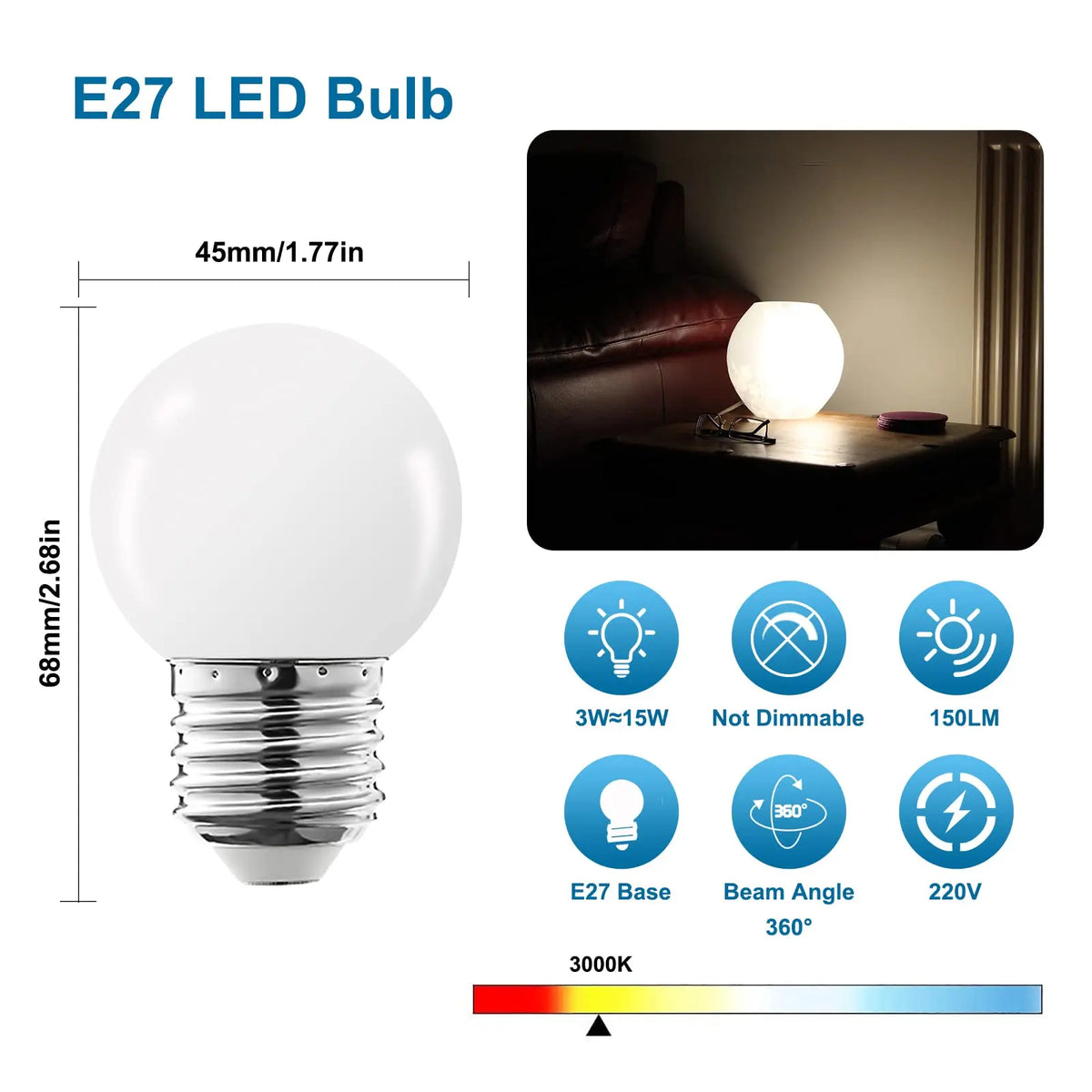 ampoules led blanc chaud globe translucide e27 basse consommation moderne 2w 3w 220v 68mm