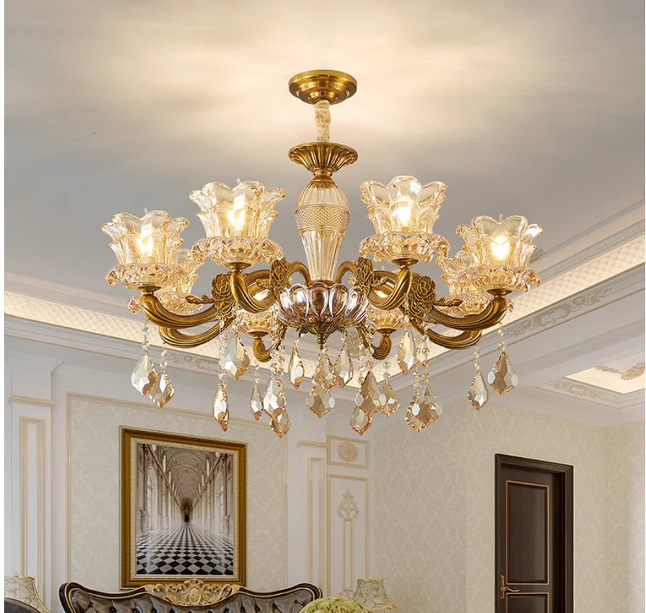 lustre classique doré transparent fleurs cristal ampoules led pendentif salon