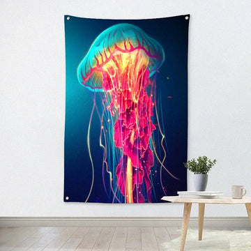 tapisserie moderne méduse lumineuse bleu rose jaune vert