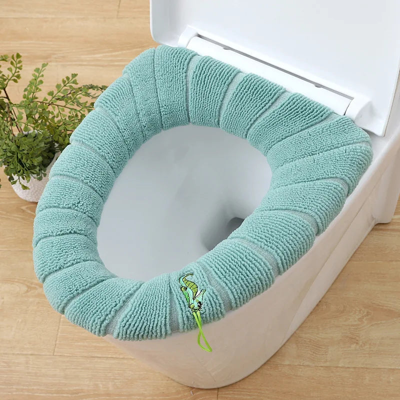 couvre siège toilette gris doux rayures élastique intégré motifs décoratifs écologique salle bain