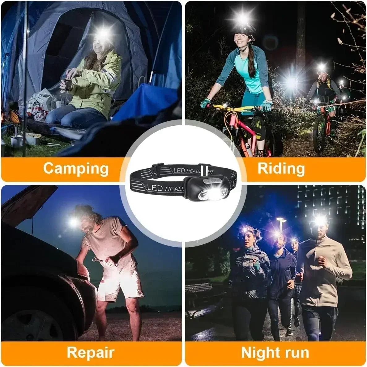 lampe frontale led rechargeable usb puissante portable camping pêche urgence sensoriel chargeur moderne pratique