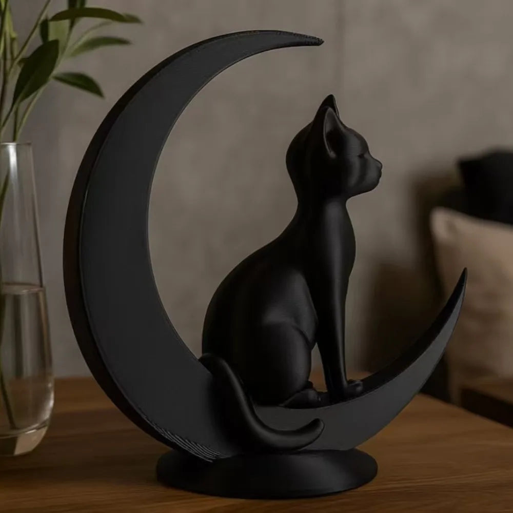 statue chat noir lune art deco decoration intérieure unique moderne 3d fantaisie