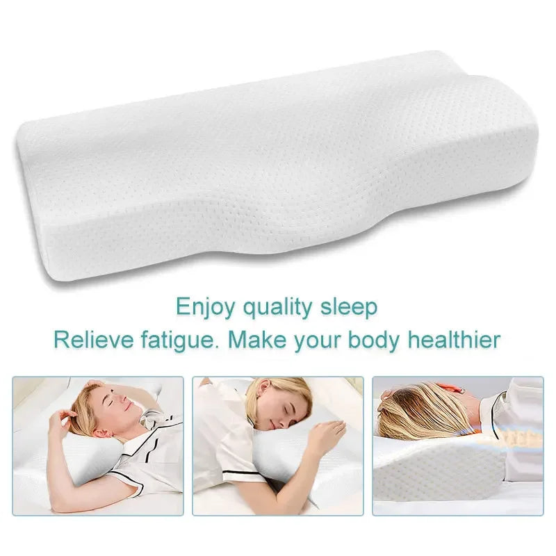 oreiller cou mousse mémoire forme papillon coton blanc texture moderne ergonomique arrondi fixations