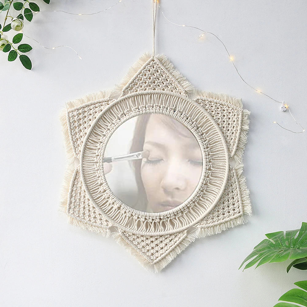 miroir decoratif boheme macramé franges étoile tressage blanc cassé geometrique chambre salon