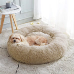 coussin peluche rond doux chat chien lit animal confortable beige gris vert