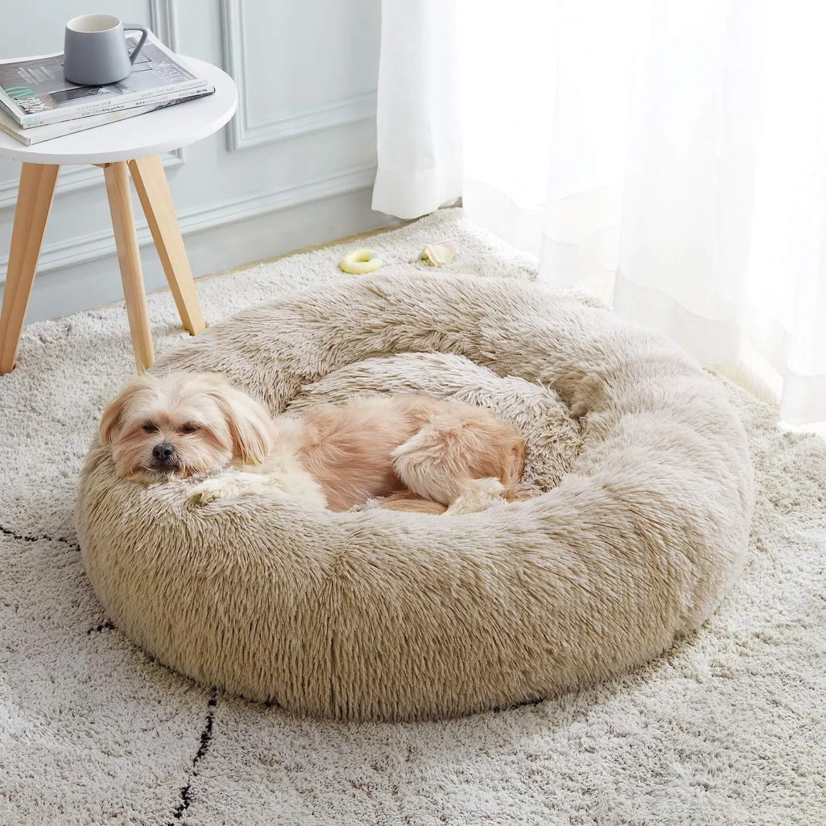 coussin peluche rond doux chat chien lit animal confortable beige gris vert
