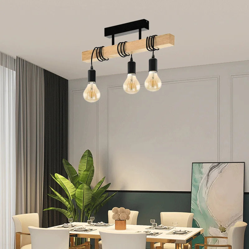 suspension lumineuse industrielle moderne bois naturel noir ampoules e27 clips métalliques chambre salon étude
