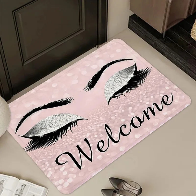 tapis d'entrée moderne yeux poupée welcome chiens os noir roseclair blanc