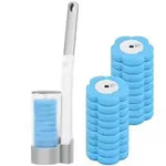 brosse toilette jetable blanc bleu texture granulée support transparent nettoyage moderne pratique
