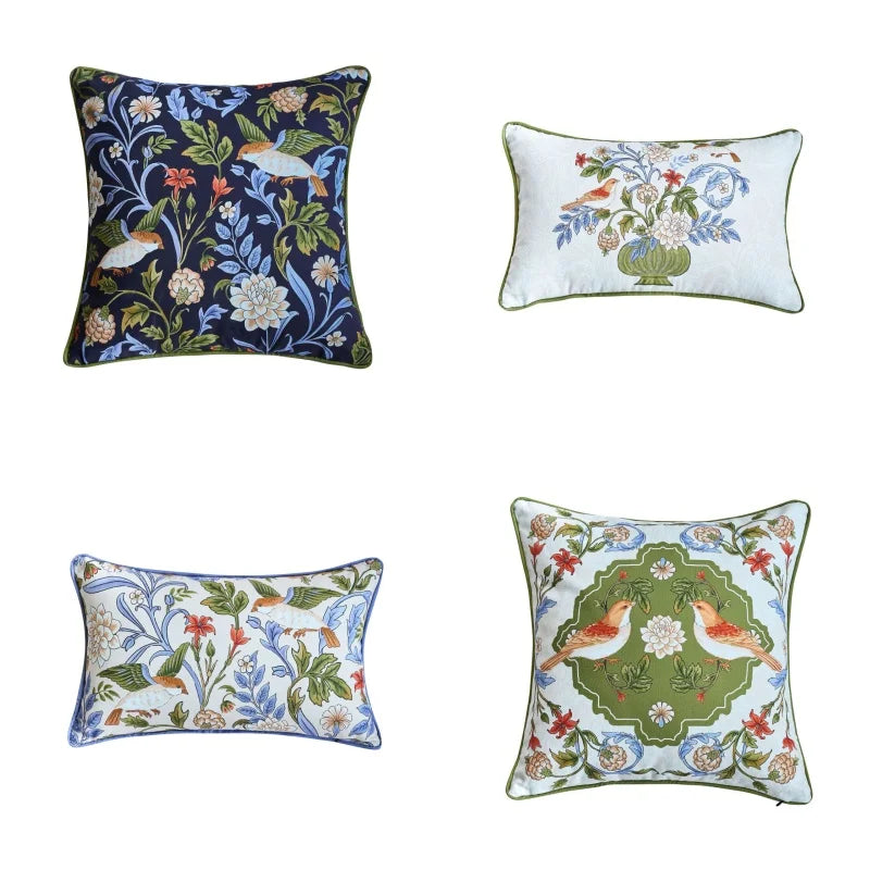 housse coussin polyester motif floral oiseaux vintage décor canapé chaise lit bleu marine vert