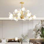Suspension lumineuse moderne or blanc acrylique verre dépoli 18 ampoules led 90cm