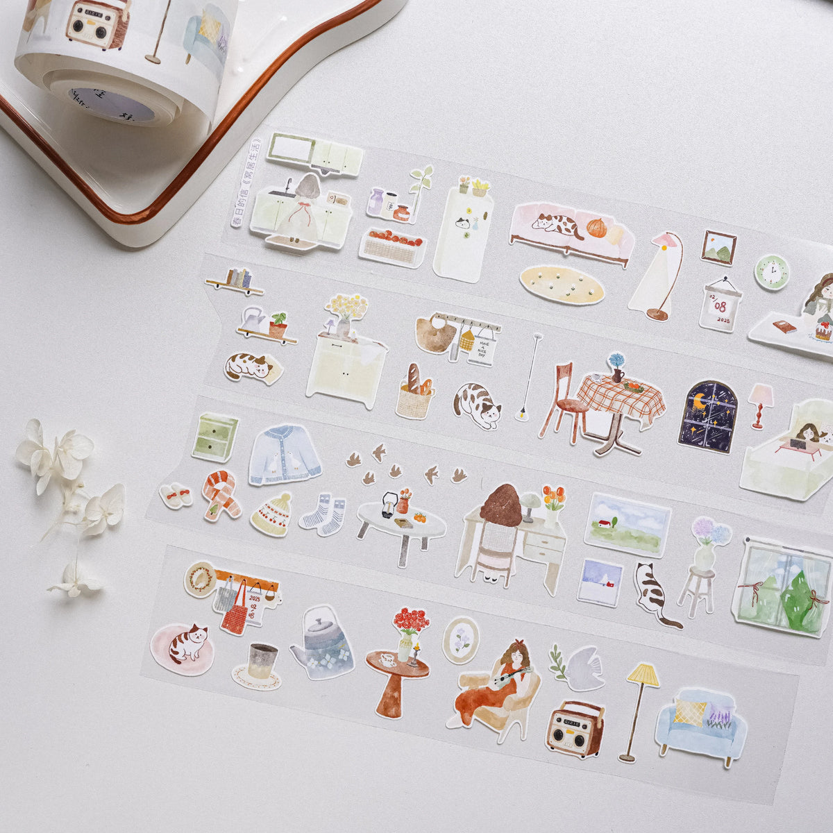 ruban decoratif transparent illustrations minimalistes scènes quotidienne animaux objets ménagers stickers blanc motifs colorés