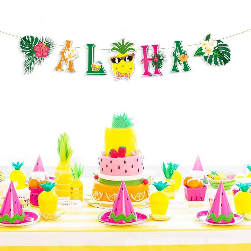décoration fête hawaïenne ananas flamant rose palmier fruits coquille noix coco lunettes soleil clips