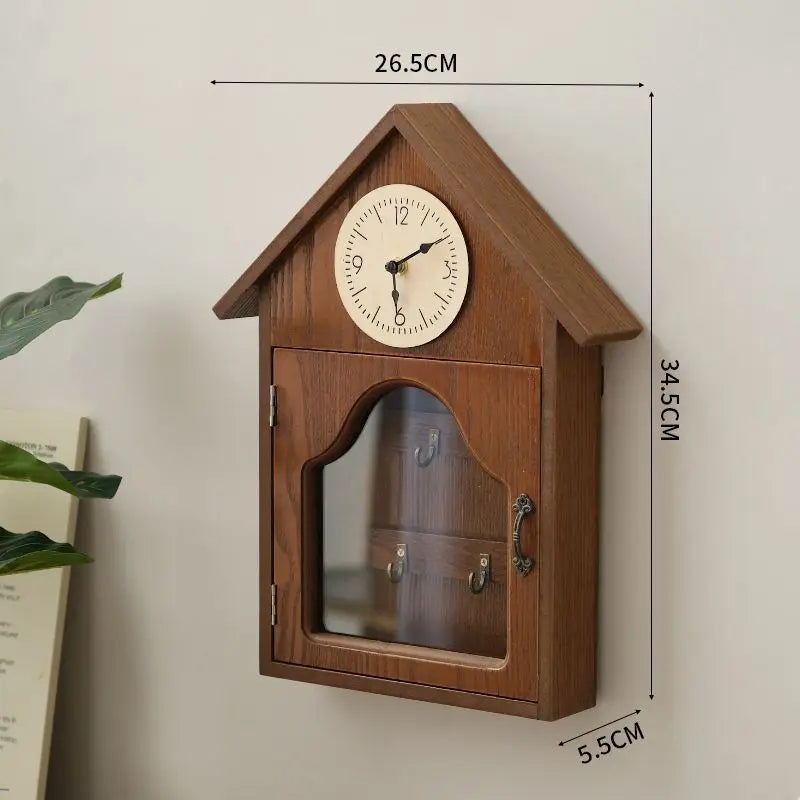 horloge murale bois horizontale compartiment rangement porte verre classique suspension porte clés