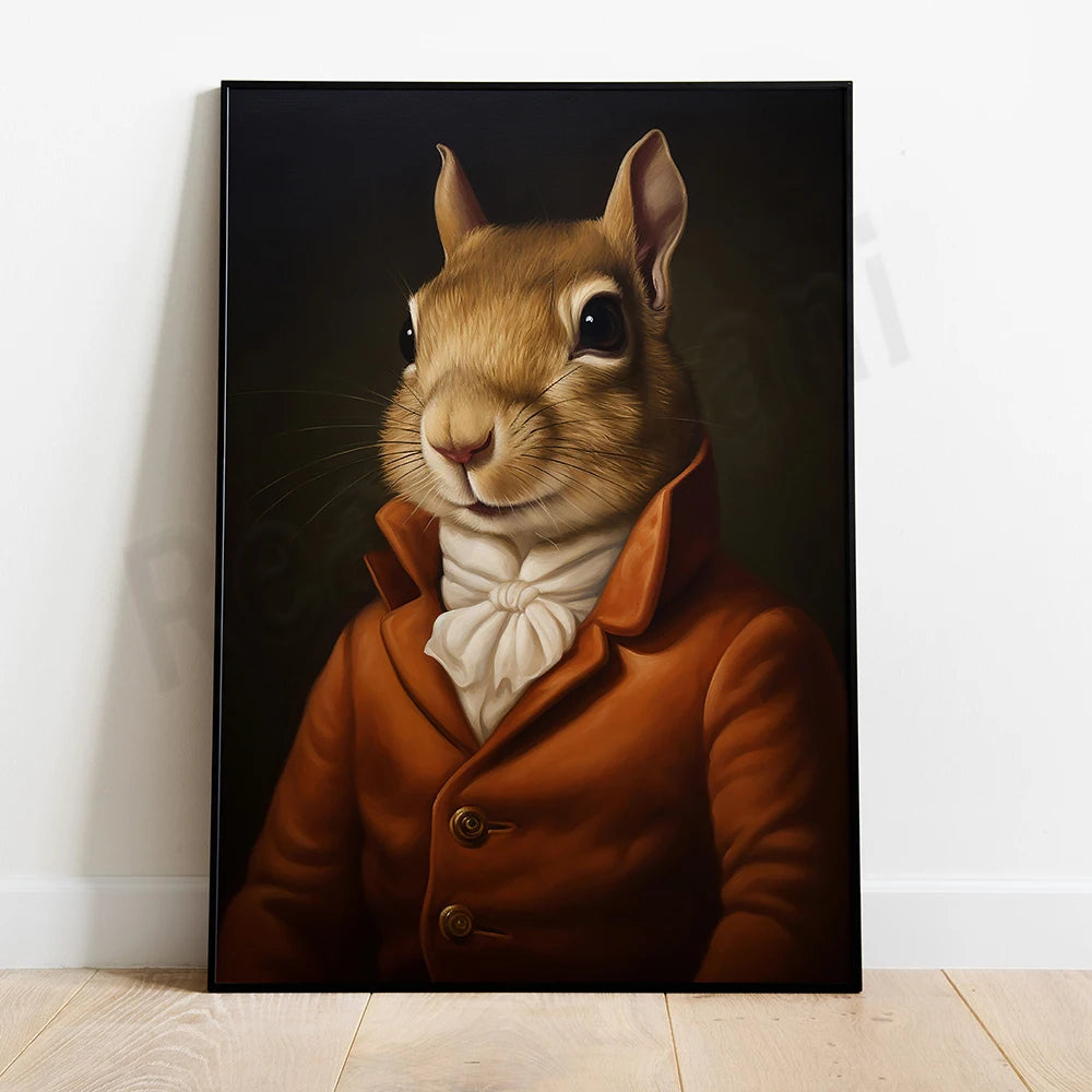 Une image d'un écureuil vêtu d'un élégant manteau orange et d'un nœud papillon blanc, au regard espiègle et malicieux.