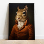 Une image d'un écureuil vêtu d'un élégant manteau orange et d'un nœud papillon blanc, au regard espiègle et malicieux.