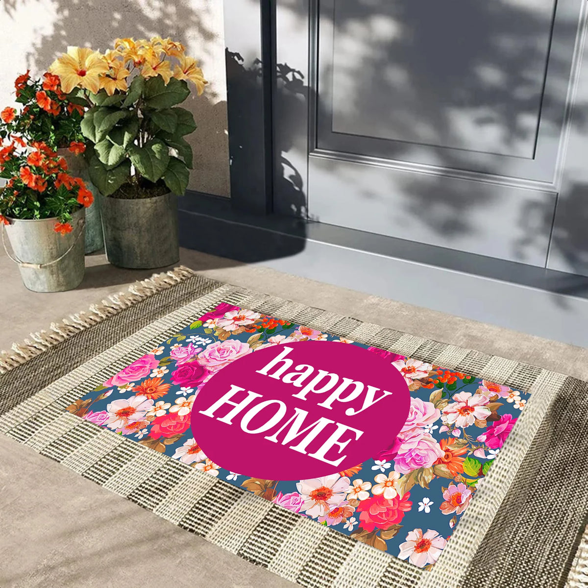 tapis d'entrée multicolore fleurs bleu marine antidérapant résistant extérieur intérieur moderne imprimé