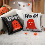 housse coussin halloween fantômes crânes chapeaux sorcière noire blanche orange adhésive carrée polyester 40x40cm