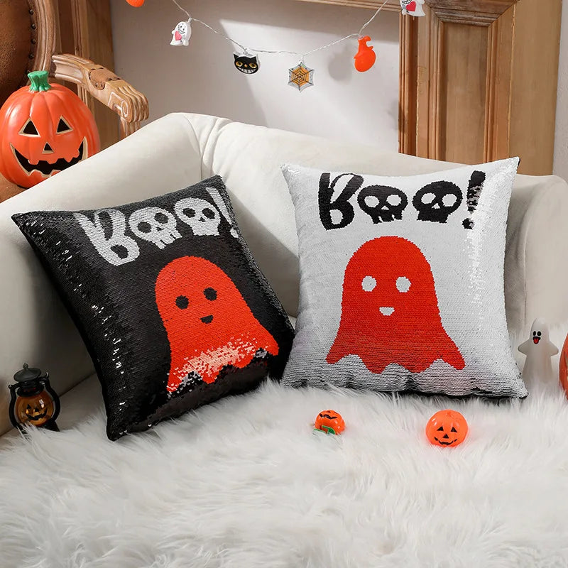 housse coussin halloween fantômes crânes chapeaux sorcière noire blanche orange adhésive carrée polyester 40x40cm