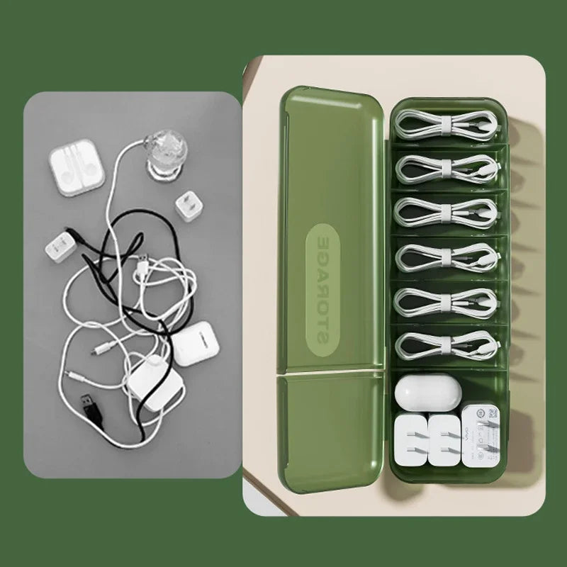 boîte rangement câbles accessoires électroniques vert moderne organisation écouteurs adaptateur usb minimaliste