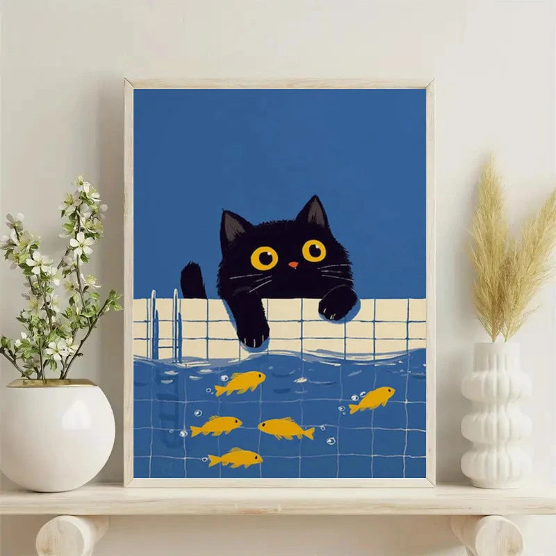 affiche illustration chat noir poissons yeux jaunes cadre bois moderne contemporaine horizontal rectangle