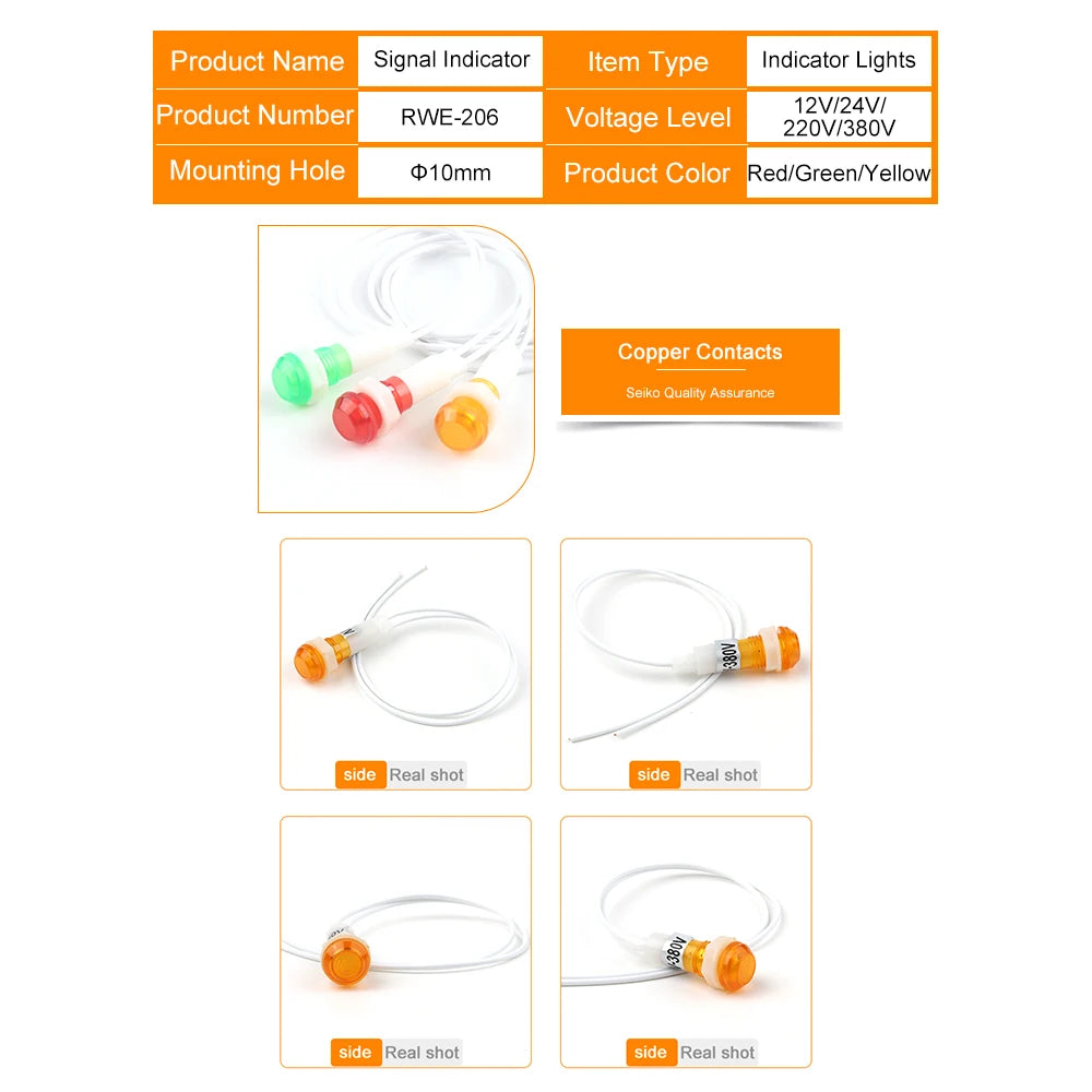 signal indicateur led rouge vert jaune 12v 220v 380v moderne câble blanc 10mm translucent