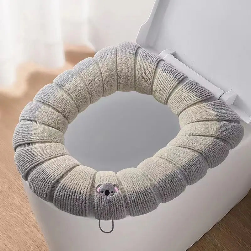 couvre siège toilette gris doux rayures élastique intégré motifs décoratifs écologique salle bain