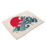 tapis table art japonais traditionnel fleurs motifs géométriques bleu vert rouge beige