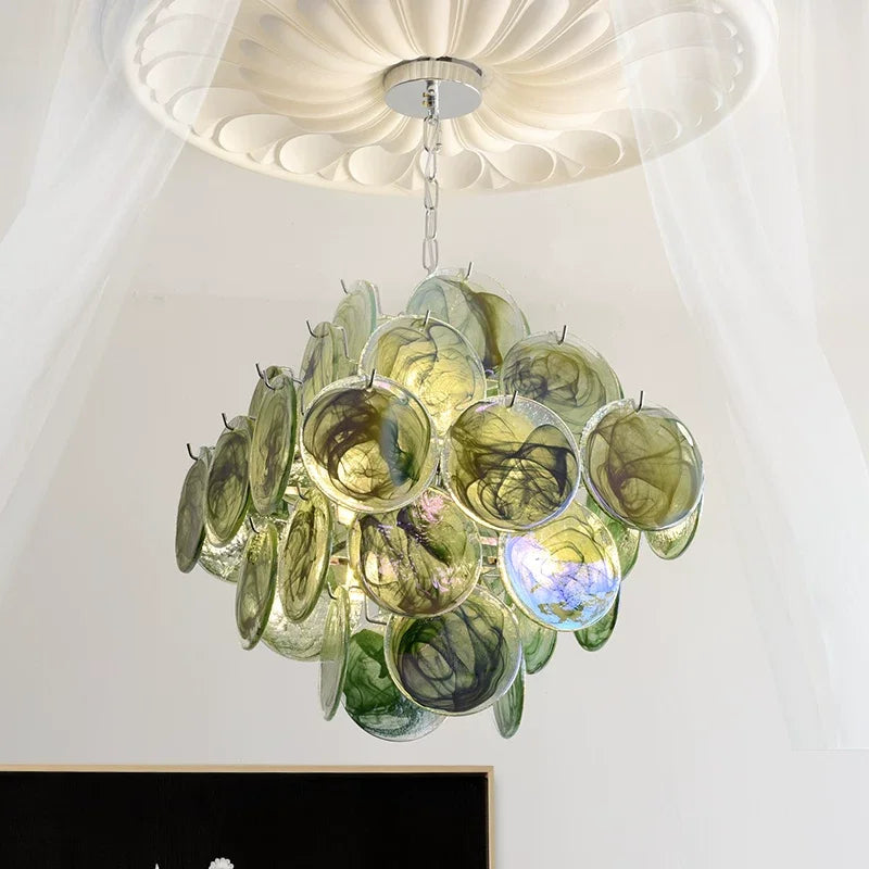 suspension lumineuse moderne rose verte verre transparent chaîne métallique 65cm 65cm