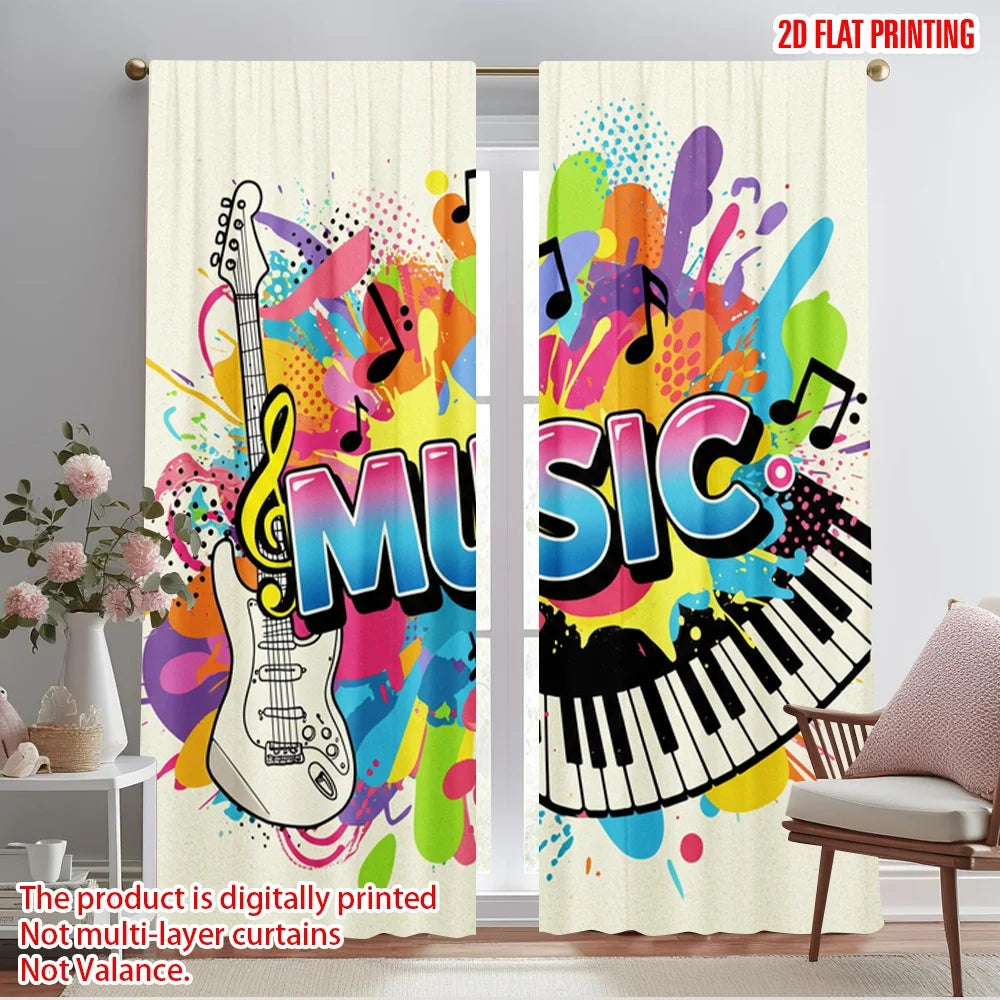 rideau moderne multicolore graphique notes musique opacité 100% polyester deux panneaux vibrant pop art