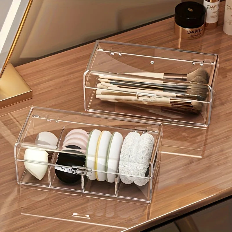 boîte rangement cosmétiques transparente moderne poignée brosse maquillage pinceau fondation poudre compacte éponge maquillage