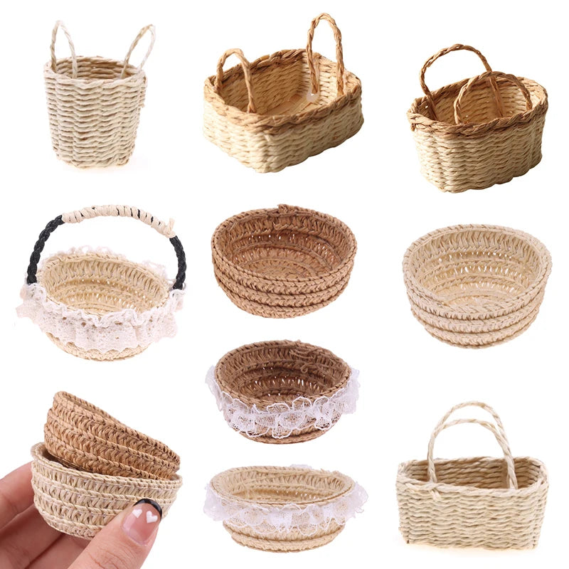 paniers tissés bambou rustique poignées tissu nature animaux collection miniature decoration