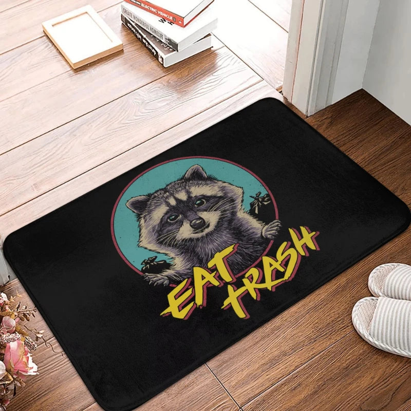 tapis d'entrée anti dérapant raton laveur moderne noir blanc gris salonextérieur