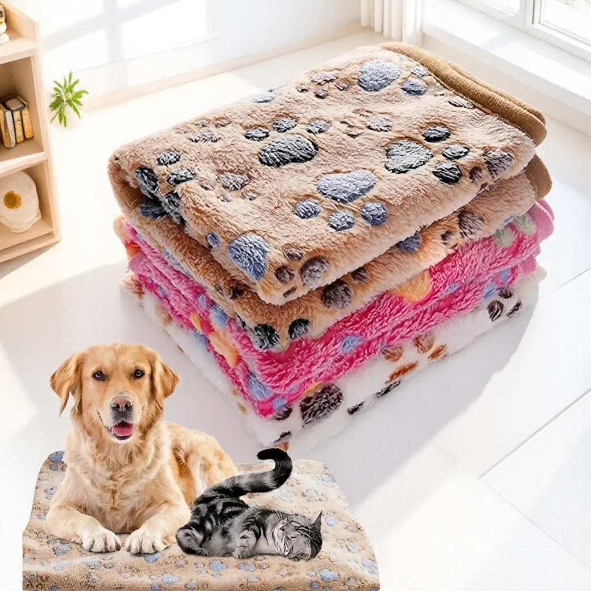 couverture douce animaux compagnie imprimé pattes animaux beige rose blanc confortable tamaño