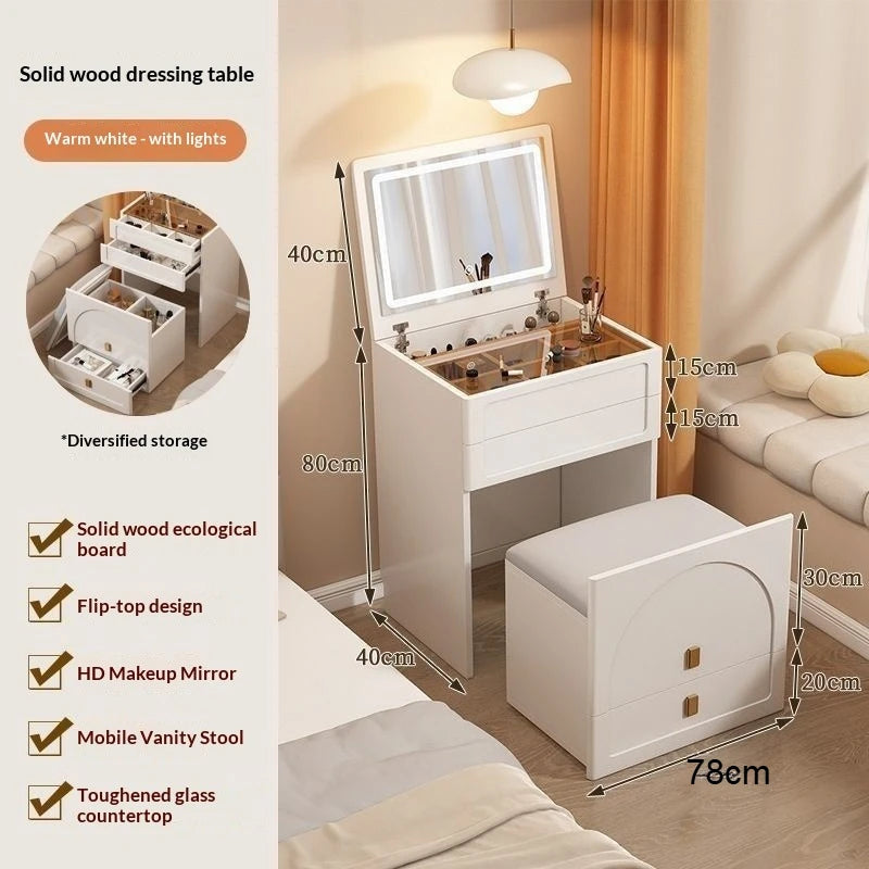 meuble coiffeuse moderne minimaliste blanc doré miroir tiroirs rangement tabouret rembourré
