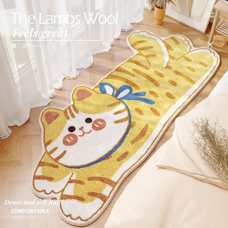 Un tapis de sol confortable et douillet en forme de chat mignon, aux couleurs vives et animées, qui suggère un sentiment de plaisir et de confort pour la pièce.
