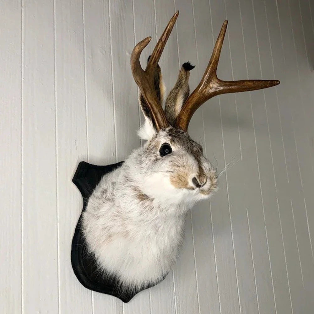 décoration murale tête lapin résine cornes fourrure gris blanc noir taxidermie réalisteintérieur suspension