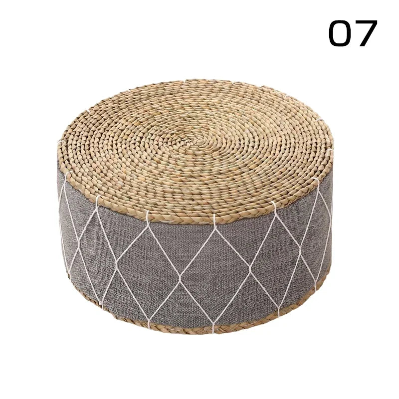 coussin futon rond tissé motifs géométriques beige bleu marine blanc boho rustique