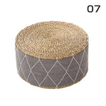 coussin futon rond tissé motifs géométriques beige bleu marine blanc boho rustique