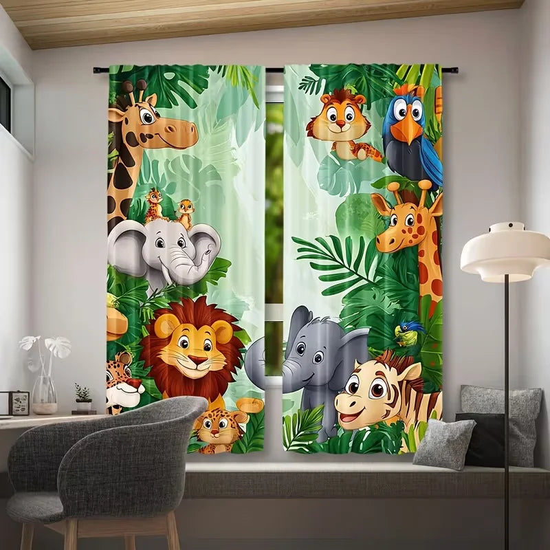 rideau imprimé animaux jungle vert beige gris enfant classique 75x166cm opacité polyester