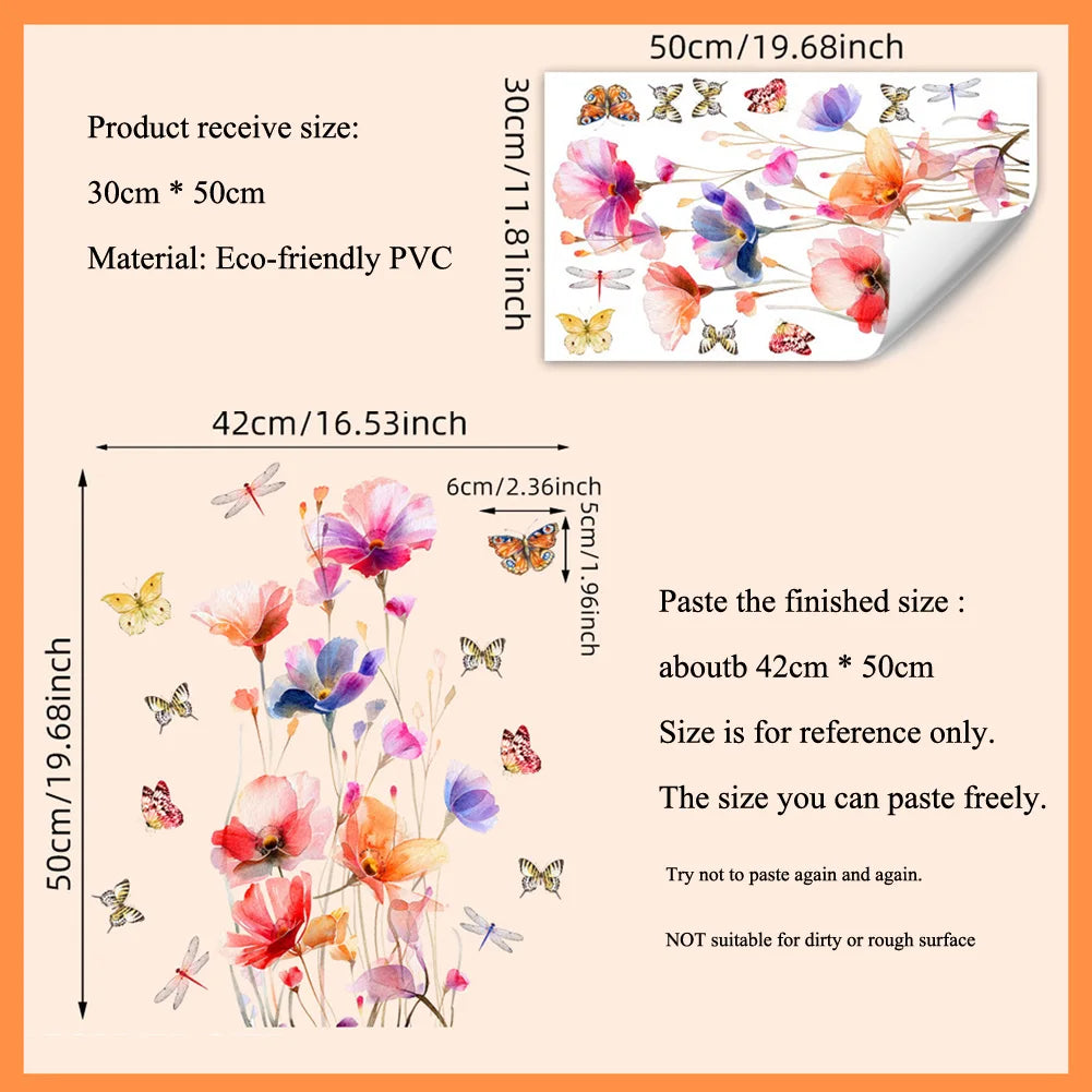 autocollant mural fleurs papillons aquarelle moderne floral résistant l'eau mur carrelage meubles 42cm 50cm