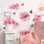 sticker mural adhésif amovible fleurs aquarelle romantique floral féminin rose fuchsia blanc noir pivoine