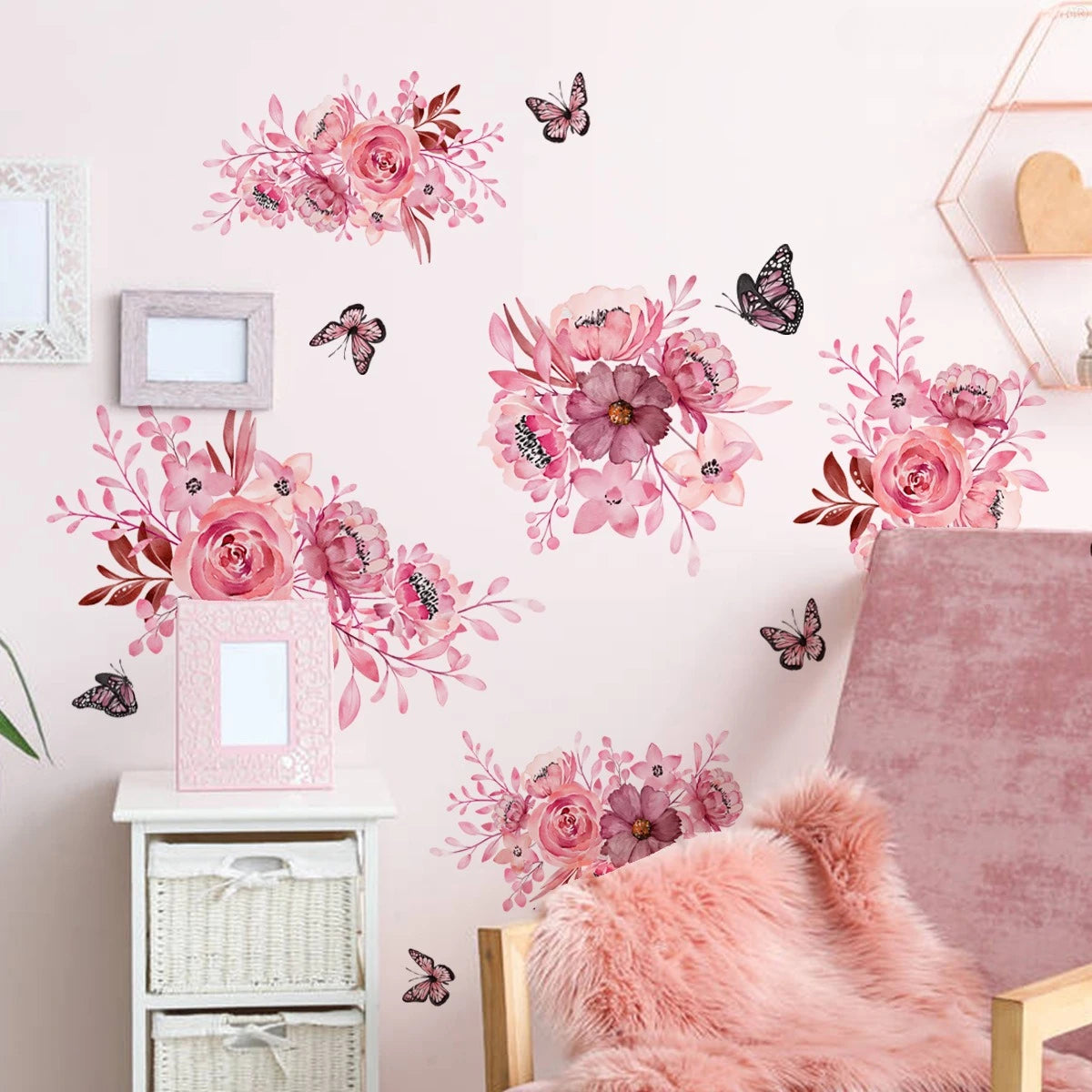 sticker mural adhésif amovible fleurs aquarelle romantique floral féminin rose fuchsia blanc noir pivoine
