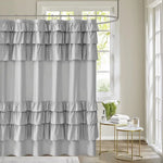 rideau douche blanc volants gris rose classique opacité anneaux métalliques respectueux environnement moderne