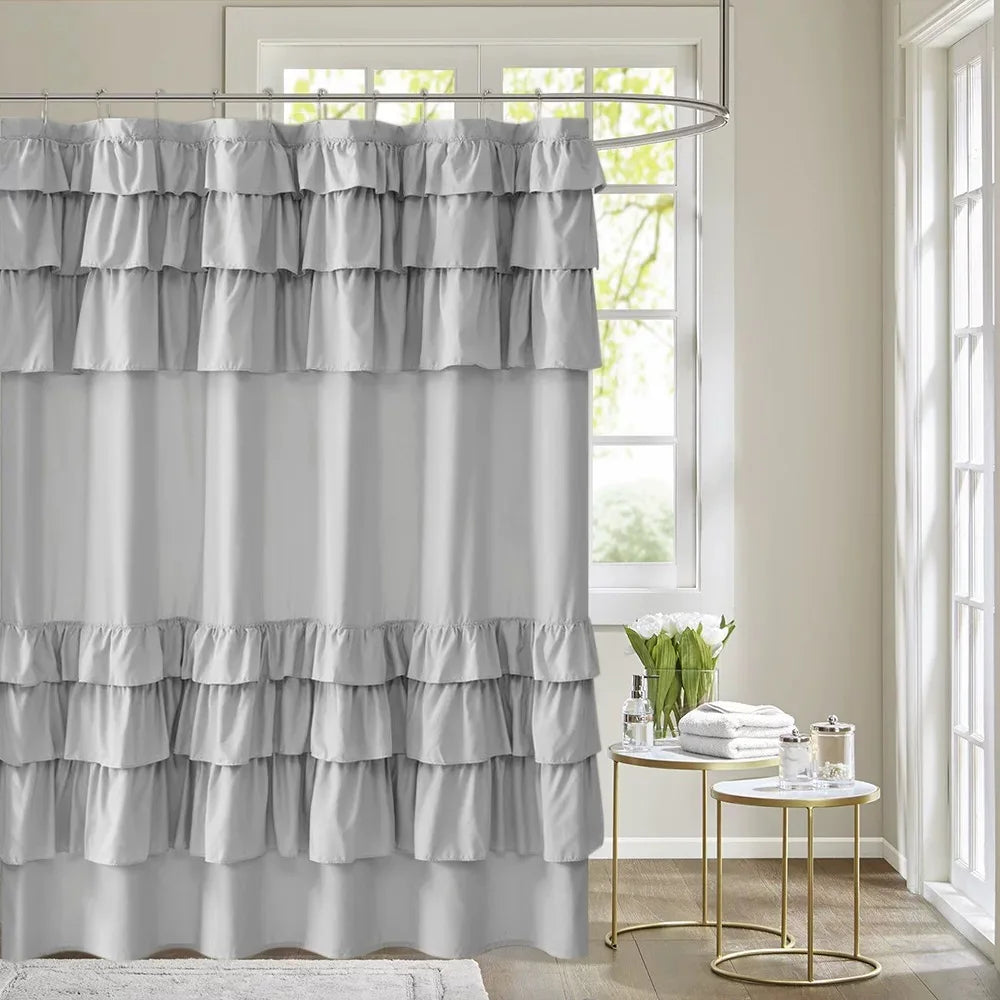 rideau douche blanc volants gris rose classique opacité anneaux métalliques respectueux environnement moderne