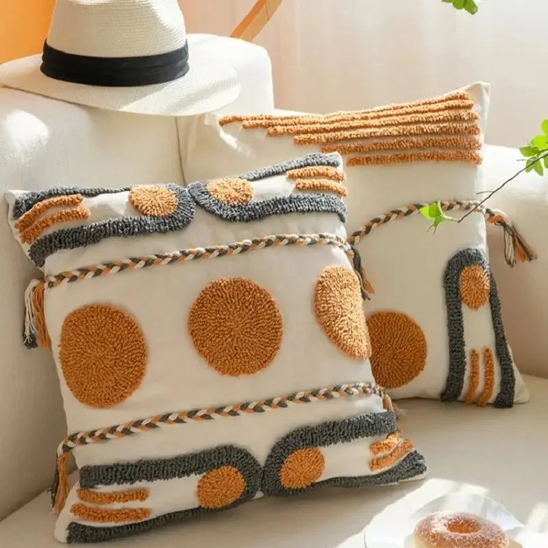 taies d'oreiller géométriques brodées modernes coton polyester blanc orange gris respectueux environnement opaques maison