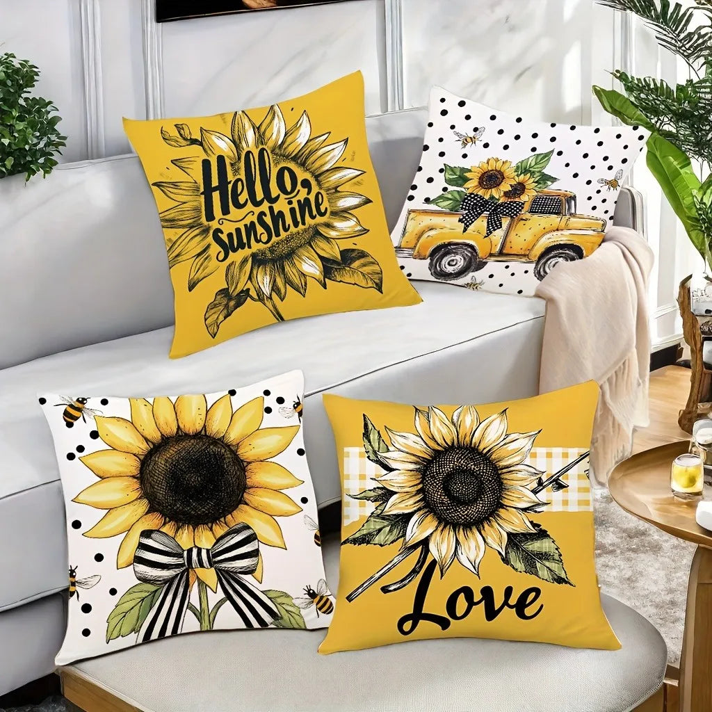 housse coussin polyester motif tournesol sunshine love abeilles voiture ancienne jaune vintage décoratif opaque