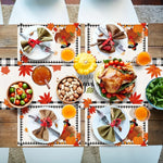 Cette image met en scène une belle table de fête automnale avec différents plats, décorations et accessoires festifs. On y voit notamment une dinde rôtie, des légumes, des fruits, des nappes à motifs, des verres de jus d'orange et des décorations automnales comme des feuilles d'érable.