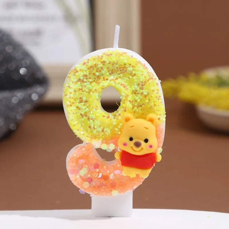 bougies anniversaire chiffre winnie ourson sequins dorés jaune orange blanc