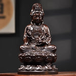 statue bouddha assis bois sculpté détaillé feng shui décoration maison brun clair doré traditionnelle
